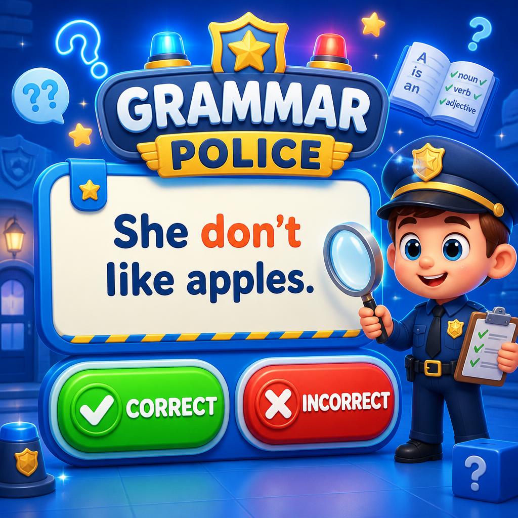 Grammar Police doğru ve yanlış İngilizce cümleleri ayırma oyunu - EngliPlay